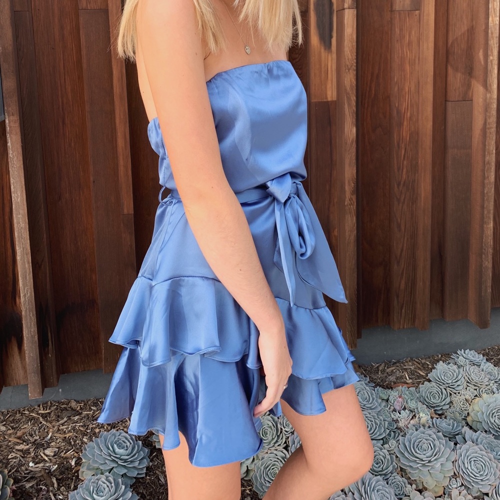 strapless blue silky dress